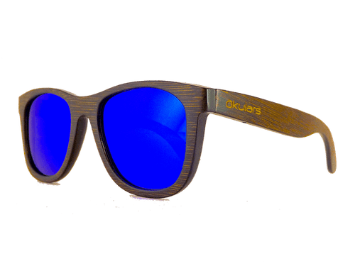 Occhiali da sole in legno bambù tinta scura, lenti polarizzate riflettenti colore blu, filtri protezione UV400 - Okulars