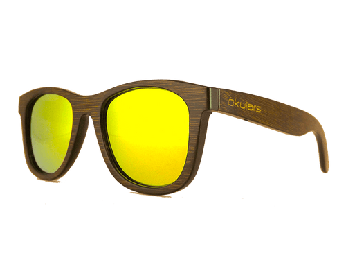 Occhiali da sole in legno bambù tinta scura, lenti polarizzate colore giallo oro semi-trasparente, filtri protezione UV400 - Okulars