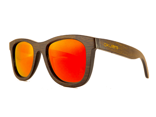 Occhiali da sole in legno bambù tinta scura, lenti polarizzate riflettenti colore rosso, filtri protezione UV400 - Okulars